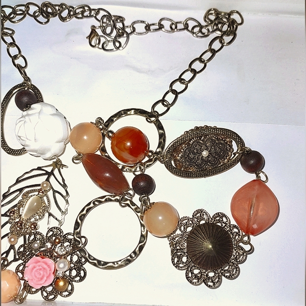 Upcycled Gold Necklace Vintage; Roses, Coral, Pearl, Leaf Floral Long Chain